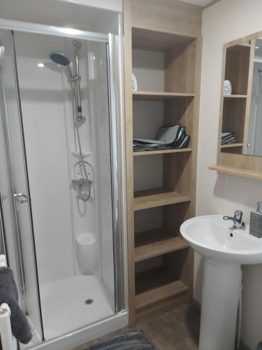 a bathroom with a shower and a sink at Swanns retreat in Tattershall