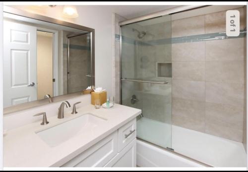 a bathroom with a sink and a shower at Seascape Resort Aptos, Capitola, Santa Cruz in Aptos