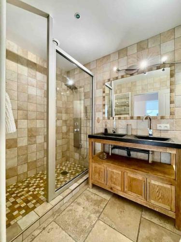 une salle de bain avec un lavabo et une douche dans l'établissement Magnifique gîte 12 couchages, à Arles
