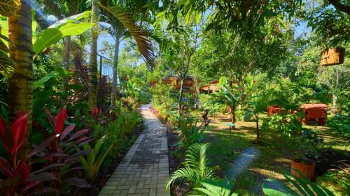 a path through a garden with trees and plants at Casa Iris- Home for Family, Steps From the Beach, Pool and Yoga Deck in Puerto Viejo