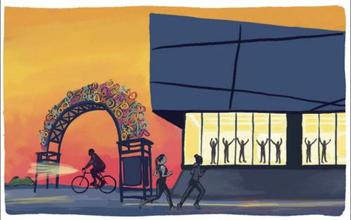a painting of two people walking in front of a building at Clean & Serene House Studio - Easy Onoff I-40 in Memphis