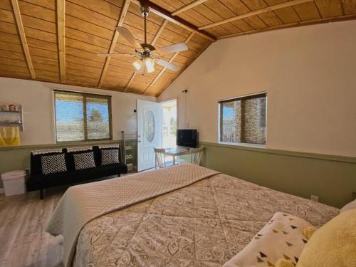 - une chambre avec un lit et un ventilateur de plafond dans l'établissement Sun Tiny House D Pahrump, à Pahrump
