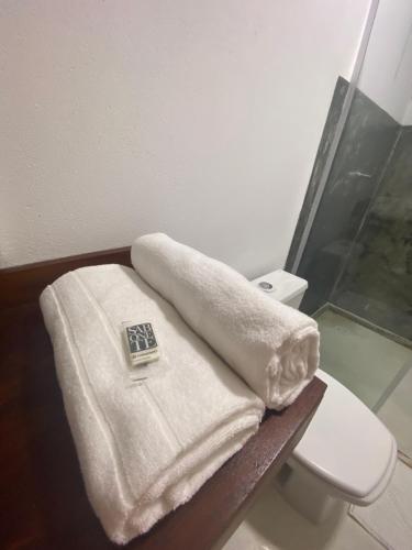 een handdoek bovenop een toilet in een badkamer bij Viva Mar - suítes in Canavieiras