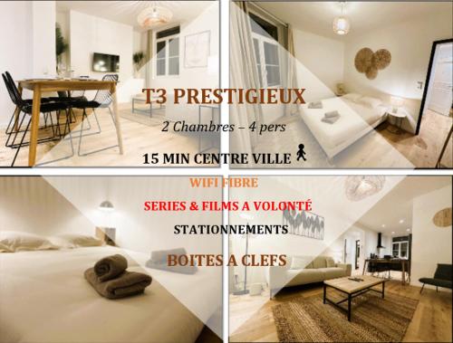 un collage di tre immagini di una camera da letto di L'Eclat Prestigieux : Quartier Henriville ad Amiens