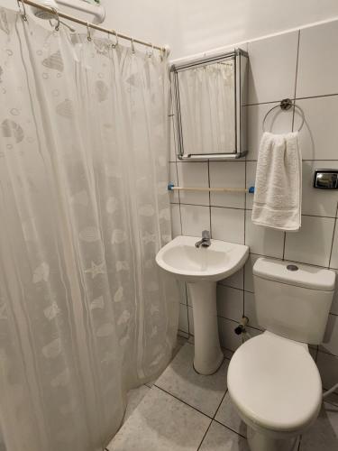a bathroom with a toilet and a sink at Pousada Bartrô in Rio das Ostras