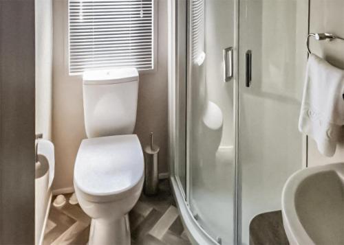 a bathroom with a toilet and a shower and a sink at Shear Barn Holiday Park in Hastings