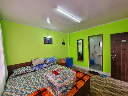 a bedroom with green walls and a bed and a mirror at Neoravalley Homestay, Icche Gaon in Pedong