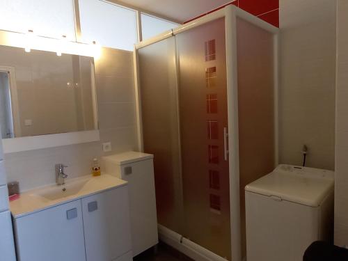 une salle de bain avec un lavabo et un miroir dans l'établissement Appartement 2 Chambres en Bord de Mer avec Vue, Proche Commerces - FR-1-323-325, à Saint-Jean-de-Monts