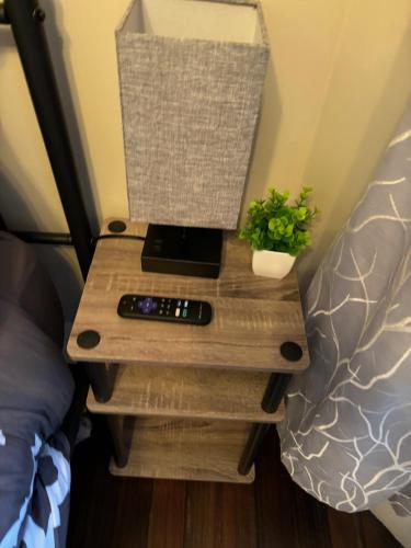 a bedside table with a remote control and a plant at HomeStay B&B in Boston - 3 locations in Dorchester in Boston