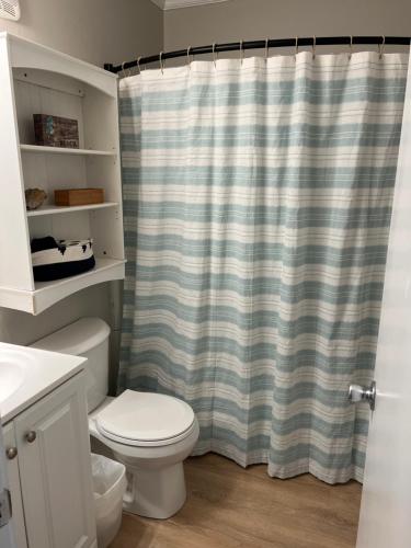 a bathroom with a toilet and a shower curtain at Beach Please* in Carolina Beach