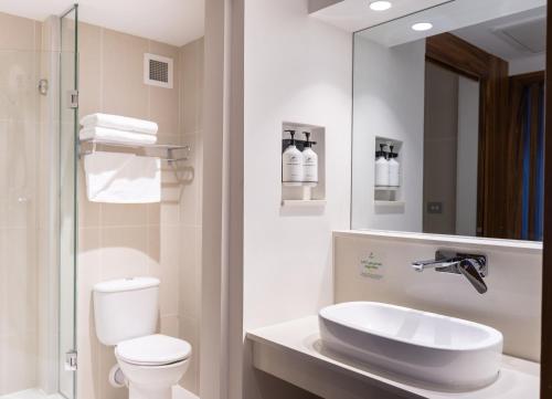 uma casa de banho com um lavatório, um WC e um espelho. em Holiday Inn Suva, an IHG Hotel em Suva