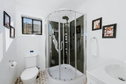 a white bathroom with a shower and a toilet at Canguri Boutique - A Memorable Farmstay near Mudgee in Mudgee