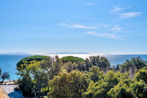 una colina con árboles y vistas al océano en Magnifique Appartement Plage Cavalière Terrasse 3 Chambres Garage, en Le Lavandou