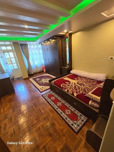 ein Schlafzimmer mit einem Bett in einem Zimmer mit grüner Beleuchtung in der Unterkunft Pharping Homestay in Dakshīnkāli