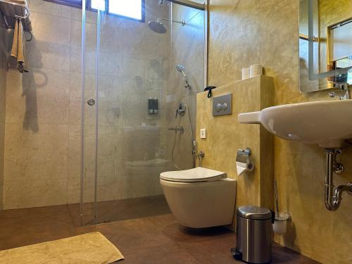 a bathroom with a shower and a toilet and a sink at AMARA AYURVEDA RETREAT- Overlooking Evergreen Western Ghats an ecologically sustainable living space in Kovalam in Kovalam
