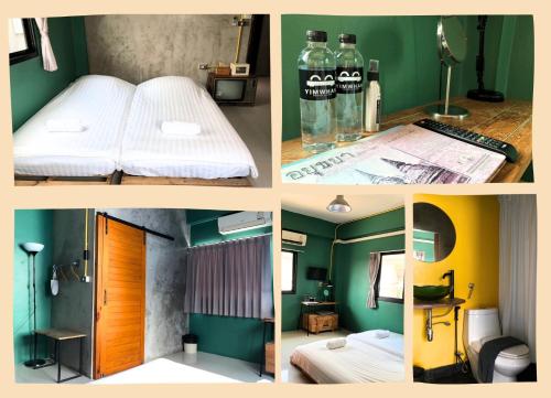 a collage of four pictures of a hotel room at Yimwhan Hostel & Cafe Ayutthaya in Phra Nakhon Si Ayutthaya