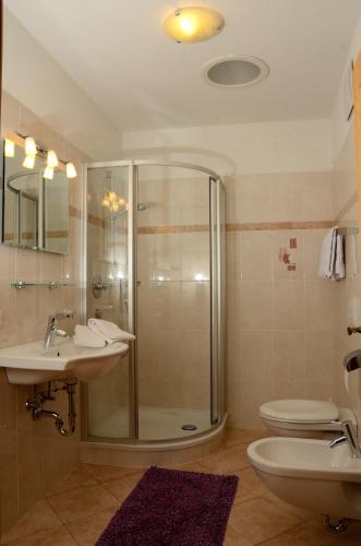 La salle de bains est pourvue d'une douche, d'un lavabo et de toilettes. dans l'établissement Untermoar (Unterküchenmair), à Bressanone