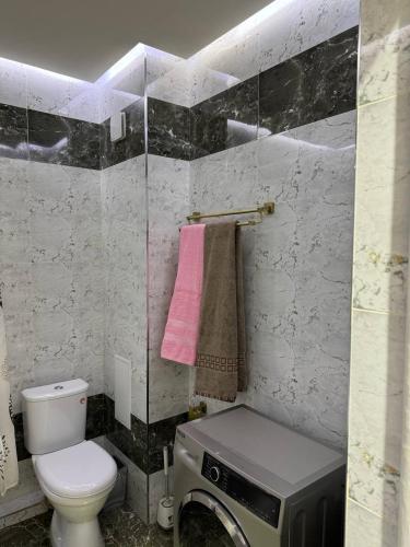 a bathroom with a toilet and a pink towel at Cozy apartment - City Central in Tashkent