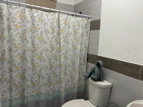 a bathroom with a shower curtain with a stuffed animal on the toilet at Rae of Sunshine Villas in Hartswell