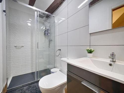 y baño con ducha, aseo y lavamanos. en Casa Rustica en Vilaverd en Vilavert