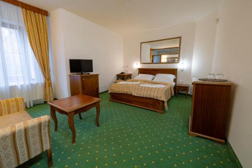 ein Hotelzimmer mit einem Bett, einem Schreibtisch und einem TV in der Unterkunft Hotel Zámok Topoľčianky in Topoľčianky