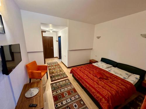 1 dormitorio con 1 cama, TV y silla en Pensiunea Rasnoava, en Predeal
