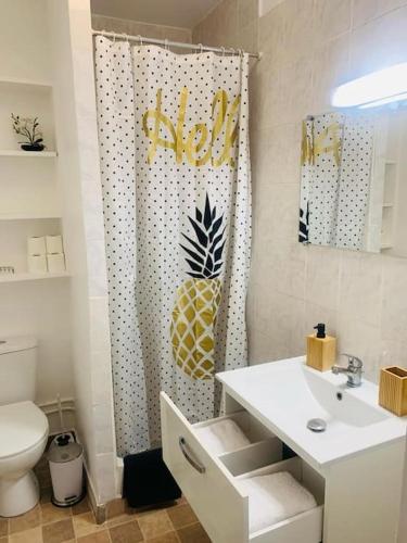 ein Bad mit einem WC, einem Waschbecken und einer Dusche in der Unterkunft Appartement calme et chaleureux proche de Paris in Courbevoie