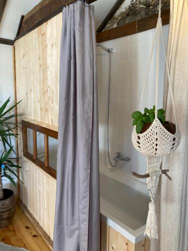 a bathroom with a shower curtain and a bath tub at The Loft With a View in Cabeceiras de Basto