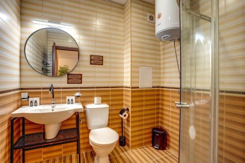 a bathroom with a sink and a toilet and a mirror at Mountain Lake Hotel in Smolyan