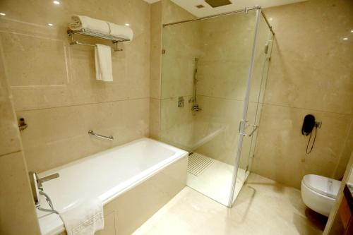 a bathroom with a shower and a tub and a toilet at Hotel Madin in Varanasi