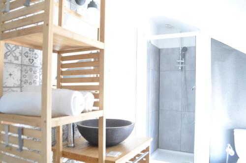 uma casa de banho com um lavatório e um chuveiro num quarto em Le Domaine du petit Basque em Talence