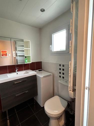 a bathroom with a toilet and a sink and a window at Maison 4pers terrasse wifi parking in Talence