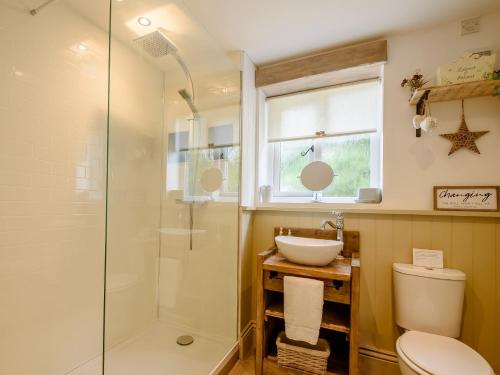 a bathroom with a shower and a toilet and a sink at 1 Bed in Skegness 77586 in Croft