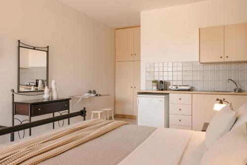 a room with a kitchen and a bed in a room at Evianna Studios in Mousata