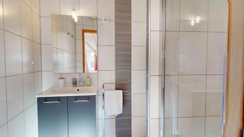 uma casa de banho com um chuveiro, um lavatório e um espelho. em Duplex Le coup de coeur - Hyper Centre em Colmar