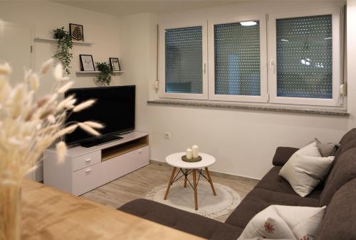 a living room with a couch and a tv at Esti’s Oasis in Ljubljana
