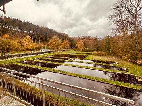 a view of a river from a bridge at Hotel | Restaurant | Forellenzucht in Burgen