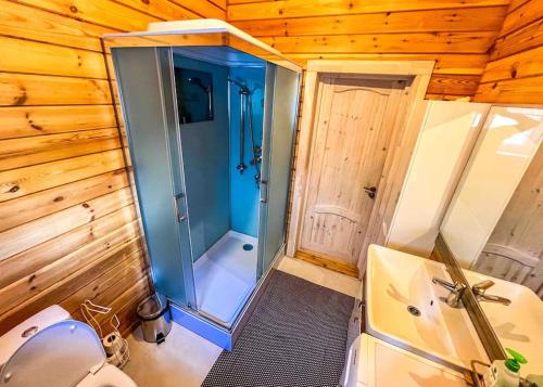 W łazience znajduje się prysznic, toaleta i umywalka. w obiekcie Домик в горах w mieście Besqaynar
