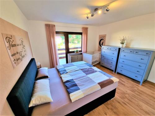 1 dormitorio con 1 cama y vestidor azul en Ferienwohnungen Pappenheimer, en Oberlangfurth