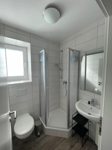 a bathroom with a shower and a toilet and a sink at Küstenbrise 1 in Graal-Müritz