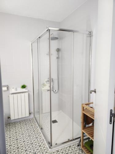 a glass shower stall in a bathroom with a tile floor at Apartamento Madrid dBA3 in Madrid