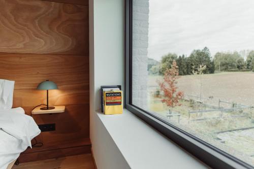 a bedroom with a window looking out at a field at Maison Coucou in Thuin
