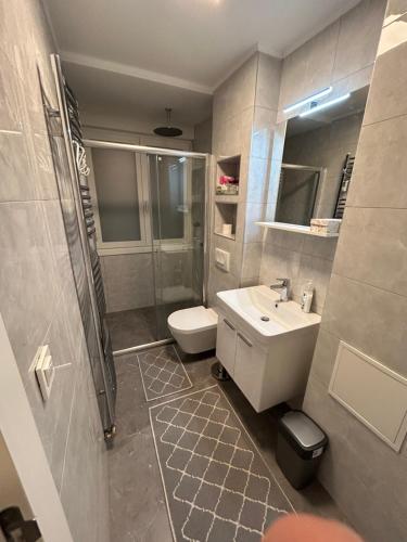 een badkamer met een toilet, een wastafel en een douche bij Apartman Felicita in Sarajevo
