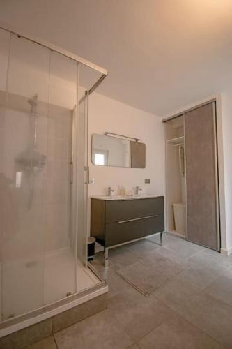 une salle de bain avec une douche en verre et un lavabo dans l'établissement T2 moderne et lumineux au cœur du centre historique, à Aix-en-Provence