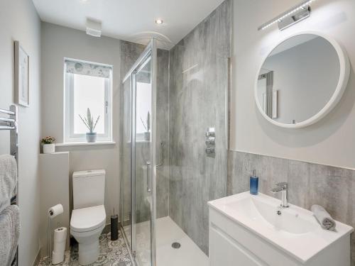 a bathroom with a toilet and a sink and a mirror at 2 Bed in Holmfirth 82193 in Meltham