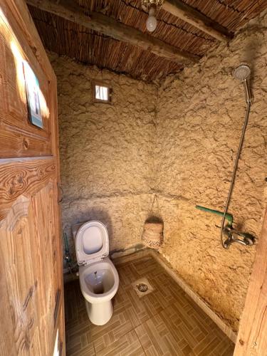 een kleine badkamer met een toilet en een douche bij Muhra Camp Siwa in Siwa