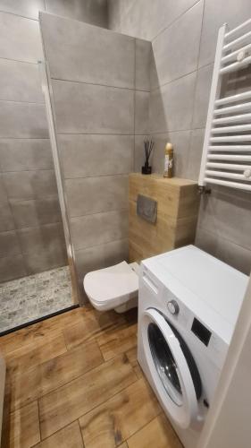 a bathroom with a washing machine and a toilet at Solanki Loft in Inowrocław