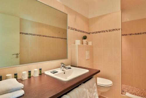 La salle de bains est pourvue d'un lavabo, de toilettes et d'un miroir. dans l'établissement Hôtel du Parc, à Draguignan