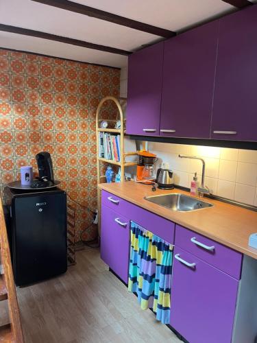 a kitchen with purple cabinets and a sink at SOEPP hotel & restaurant in Alkmaar