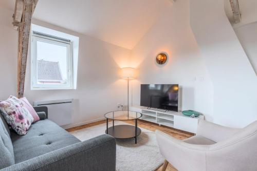 ein Wohnzimmer mit einem Sofa und einem TV in der Unterkunft Charming 2-bedroom apartment at Croisé Laroche in Marcq-en-Baroeul